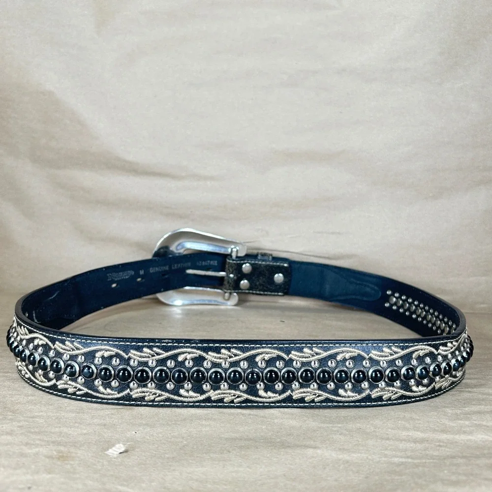 Nocona Belt Mens M Black Distressed Leather Embroidered Studded Engraved Buckle